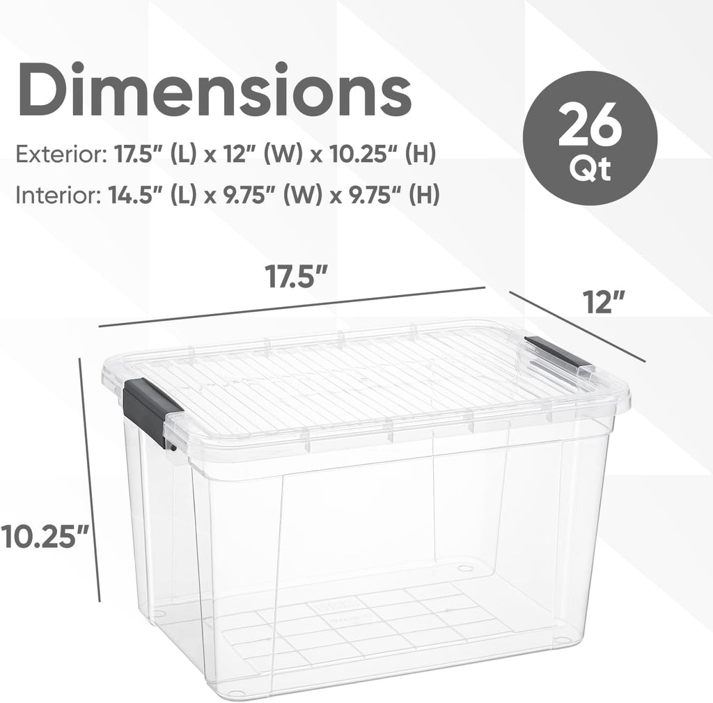 Superio Clear Storage Boxes with Lids, 26 Quart Plastic Container Bins for Organizing, Stackable Crates, BPA Free, Non Toxic, Odor Free, Organizers for Home, Office and Dorm, 8 Pack