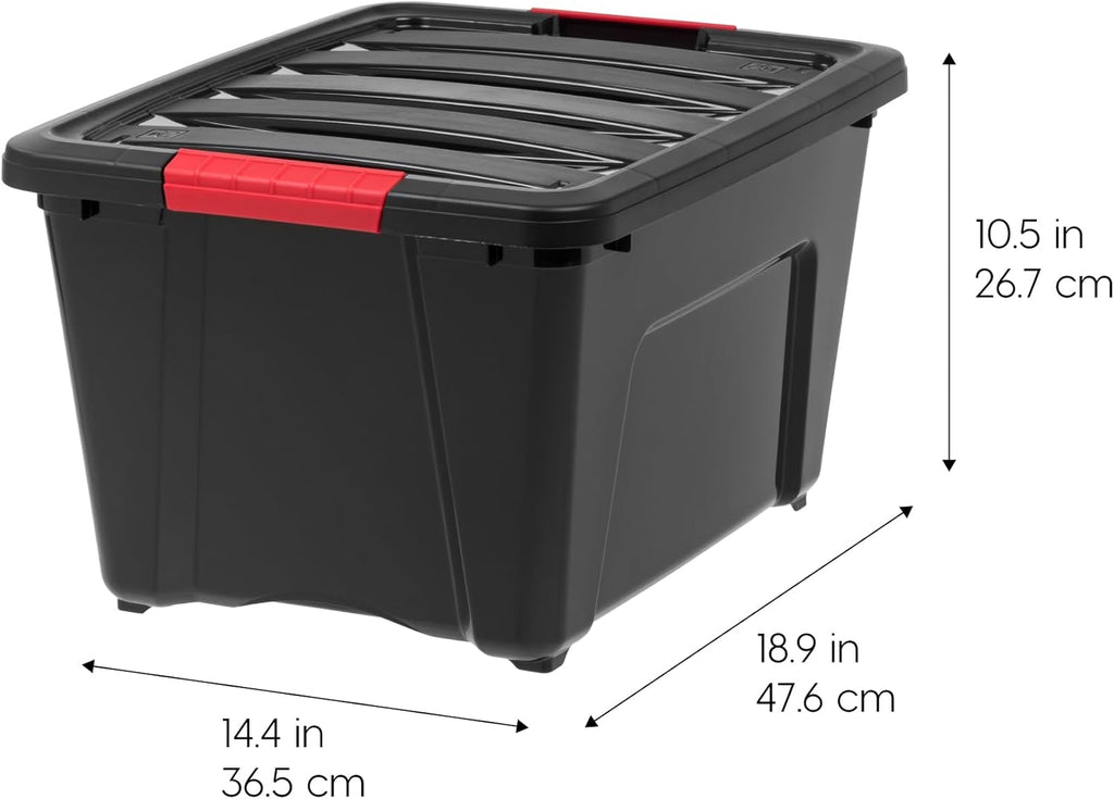 IRIS USA 30 L (32 QT) Plastic Storage Box with Lid and Latches - 4 Pack - BPA-Free, Garage Organizing Solution, Durable Nestable Stackable Containers, Secure Pull Handle - Black