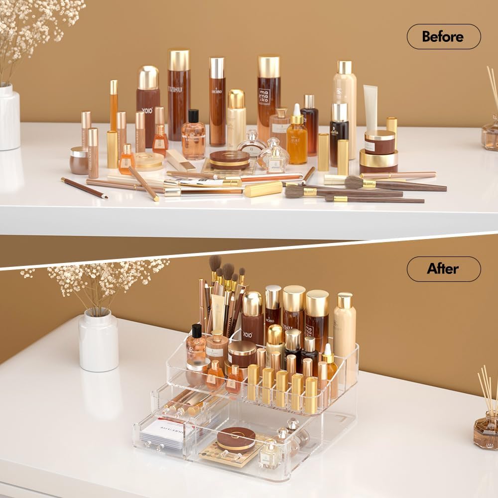 Makeup Organizer for Vanity, Acrylic Large Desk Organizer with Drawers, Ideal Vanity Holder for Cosmetics, Lipsticks, Nail Polish, Skincare, Countertop, Bathroom, Dresser