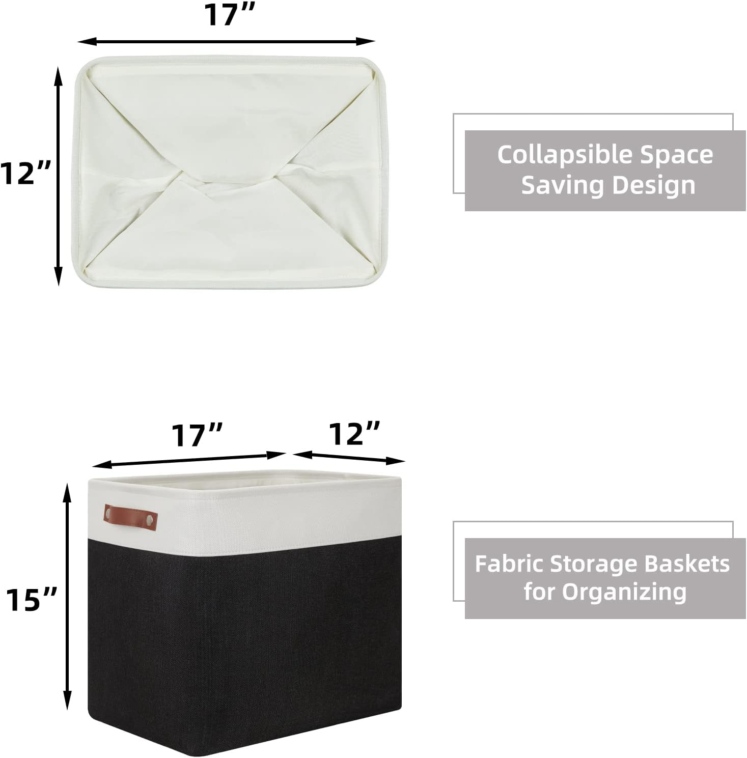 HNZIGE Baskets Shelf Baskets for Clothes 2 Pack Large Storage Bins Fabric Baskets for Organizing, Collapsible Rectangular Canvas Linen Storage Basket with Handles for Storage Closet (White&Black)