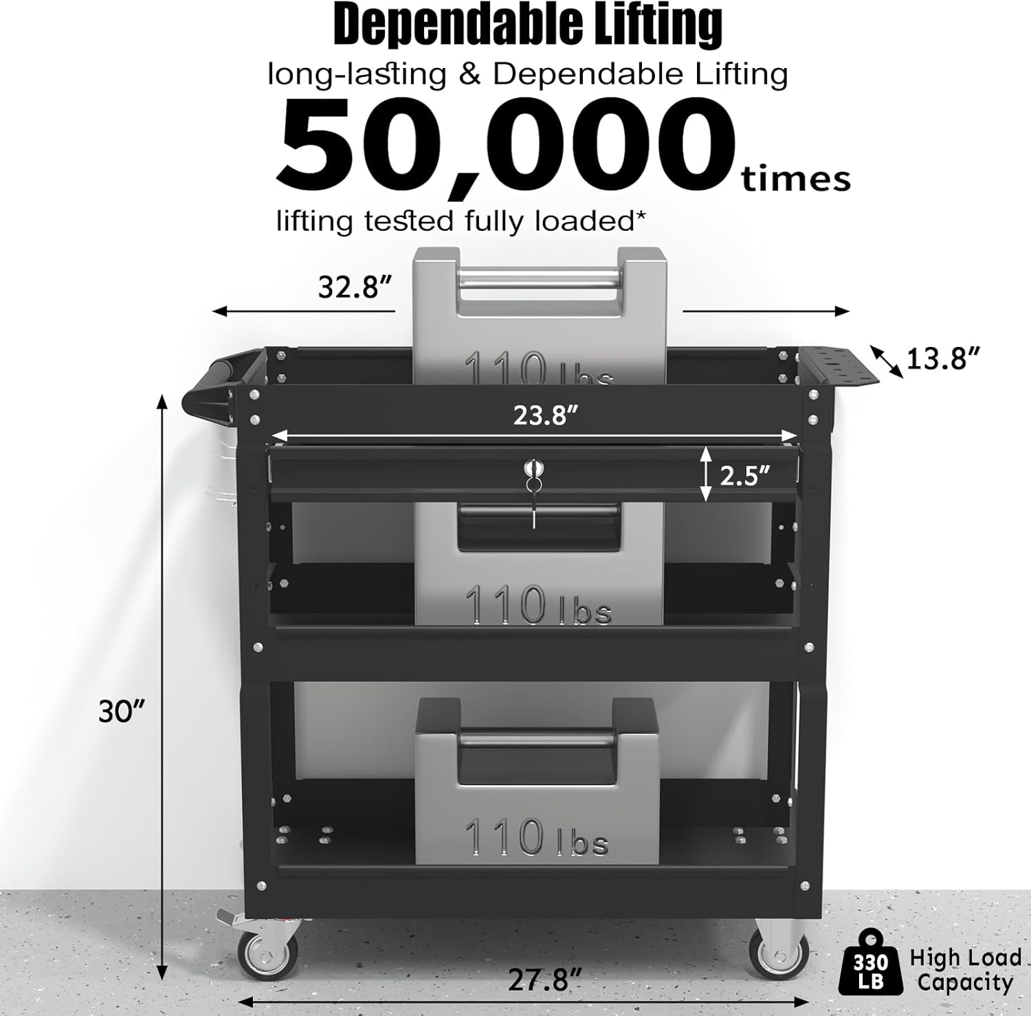 3-Tier Rolling Utility Cart, Metal Heavy Duty Utility Cart on Wheels with Lockable, 330 lb. Load Large Storage Capability Tool Cart for Garage, Warehouse, Repair Shop, Black
