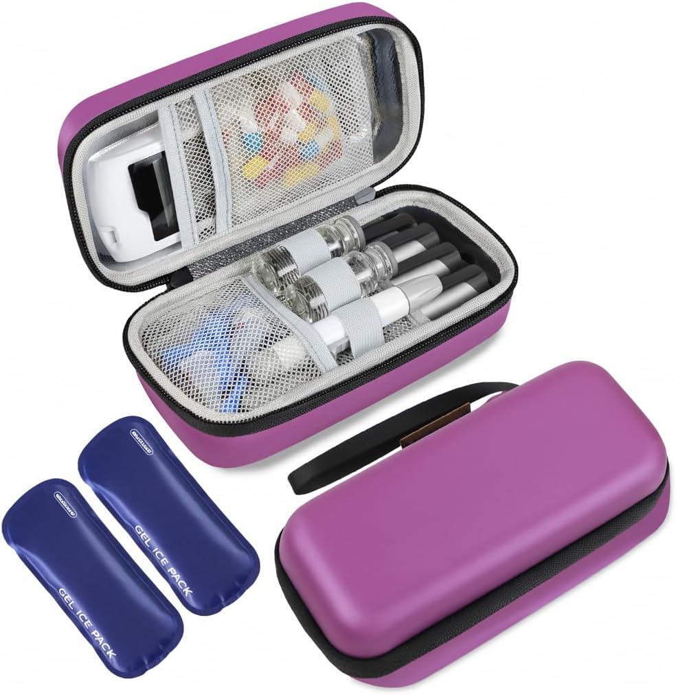 Insulin Cooler Travel Case, Portable Temperature Display Medicine Travel Cooler, Diabetes Case with 2 Reusable Ice Packs TSA Approved for Diabetic Supplies Patent Pending(Purple-No Temp)