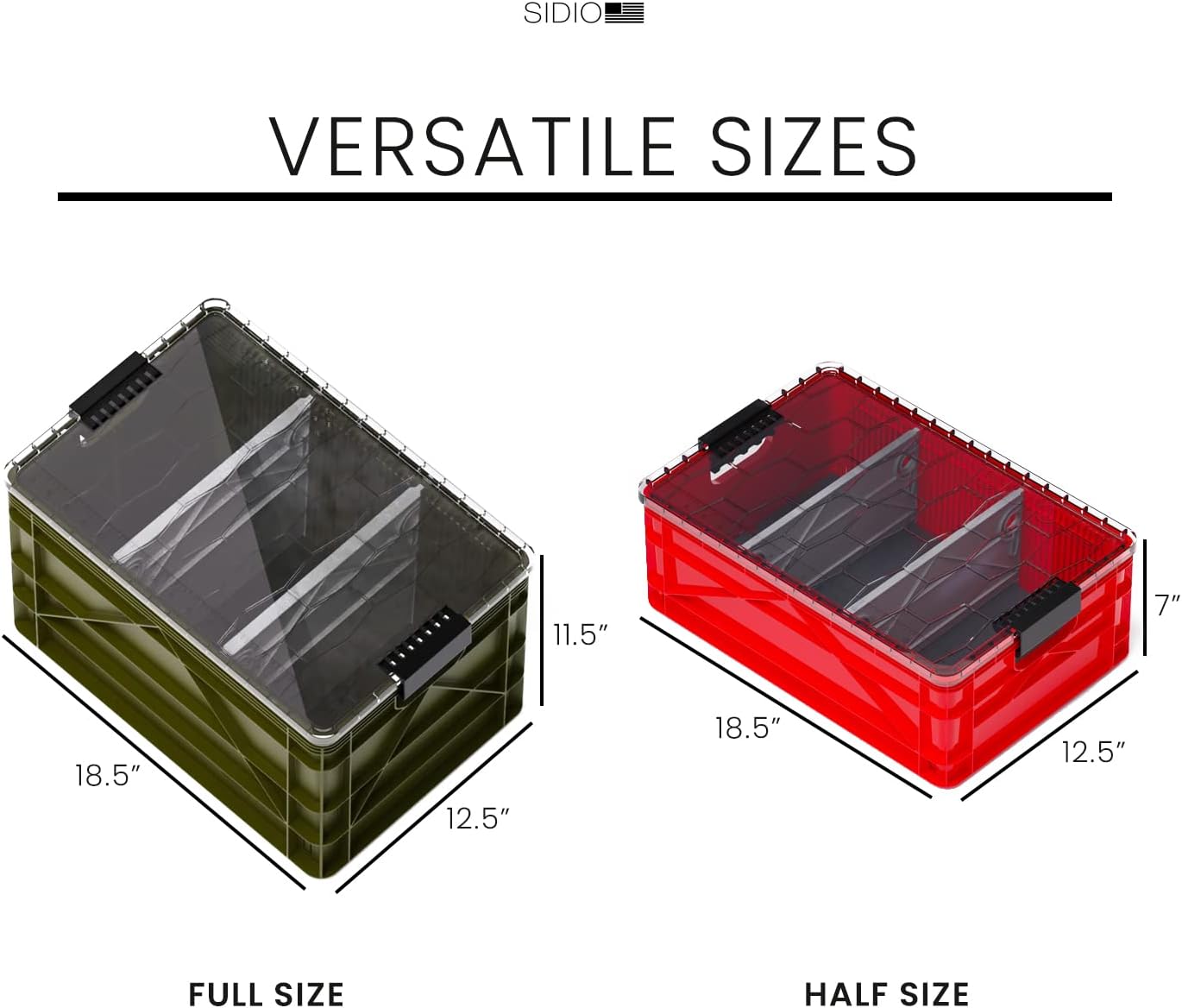 SIDIO CRATE Pro Pack - Two Full Size and One Half Size SidioCrate, Stackable Outdoor Organizer Storage Bins with Clear Lid and Dividers - UTILITY Variety Pack