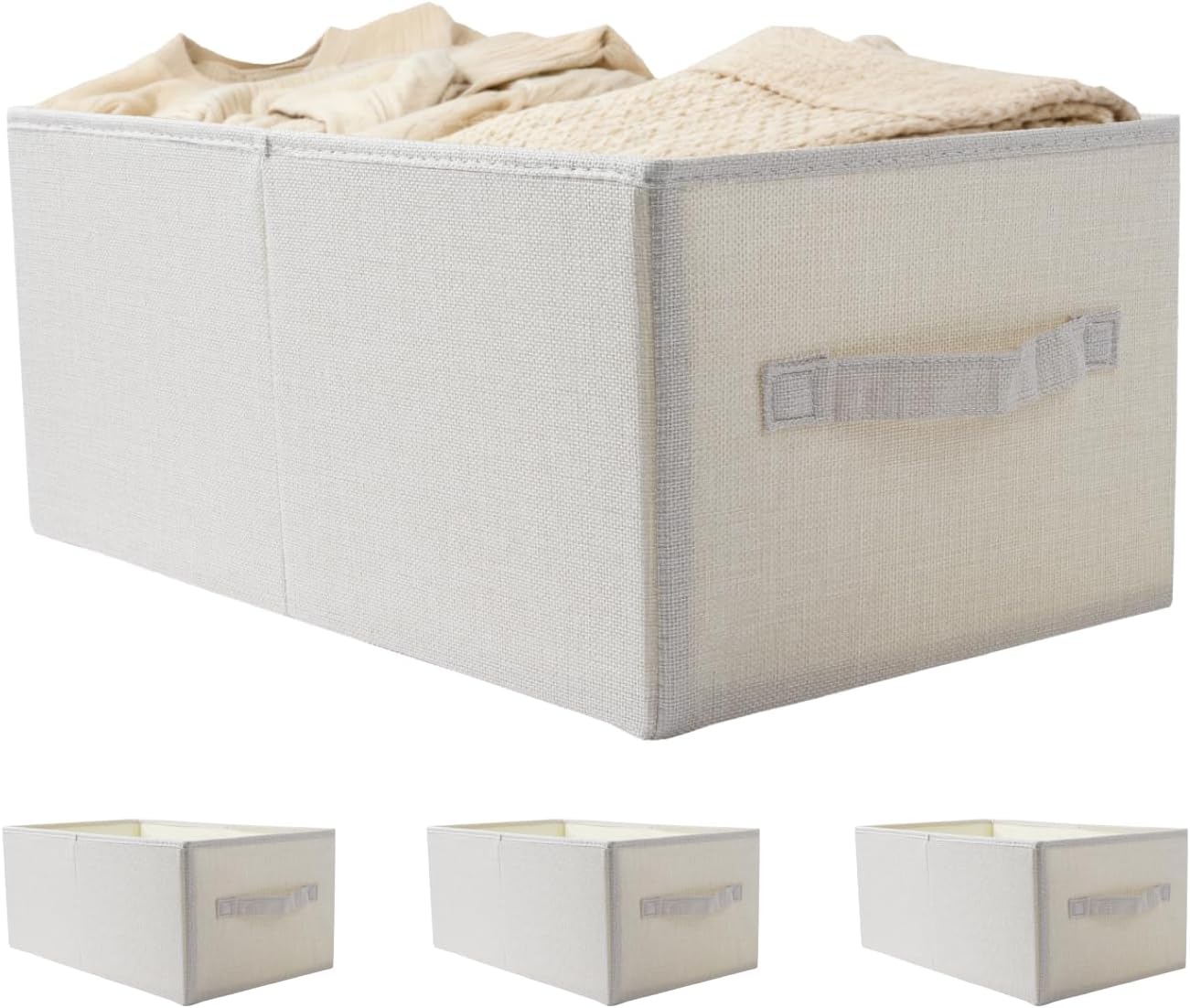 3 Pack Linen Storage Baskets with Handle,Large Foldable Closet Storage Bins for Shelves,Toys,Sheets,Clothes,18"×11"×8",Beige