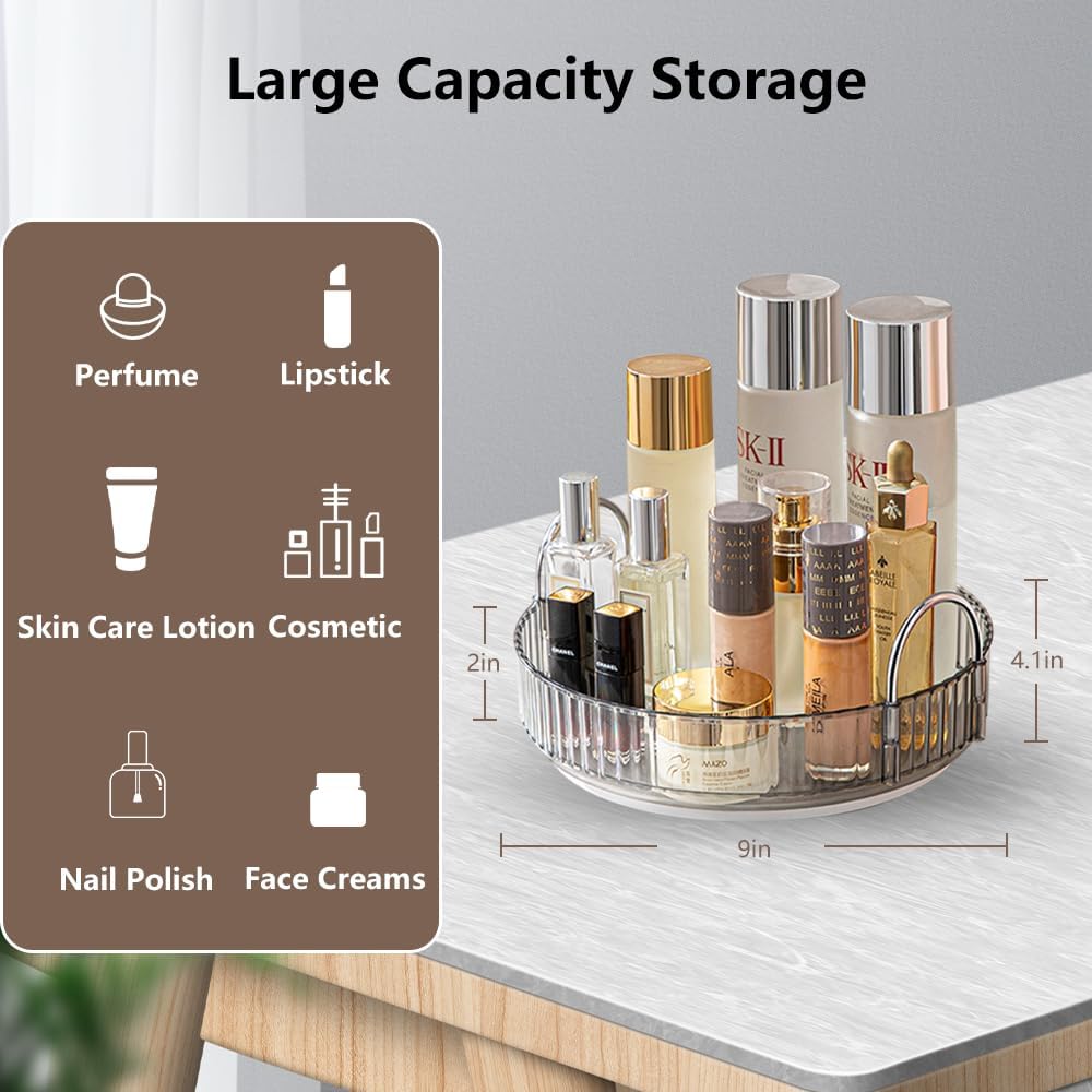 Rotating Makeup Organizer for Vanity, Spinning Cosmetics Storage for Bathroom Countertop, Skincare Holder Rack for Facial Cream, Perfume, Lotion, Lipstick (1 Tier, Smoky Grey)