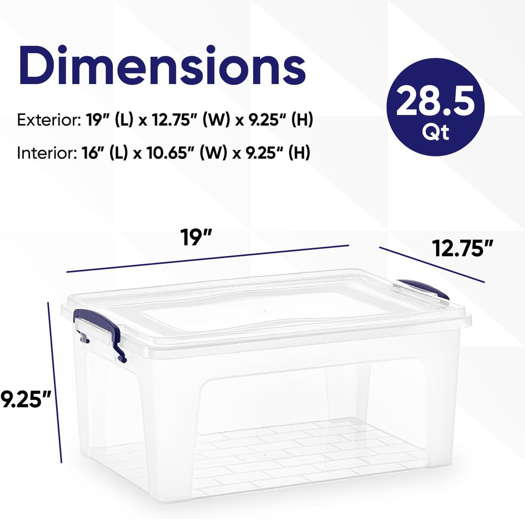 Superio Clear Storage Bins with Lids, 28.5 Quart BPA Free Plastic Containers, Transparent Boxes for Organizing, Stackable Crates, Organizer Totes for Home, Office, School, and Dorm