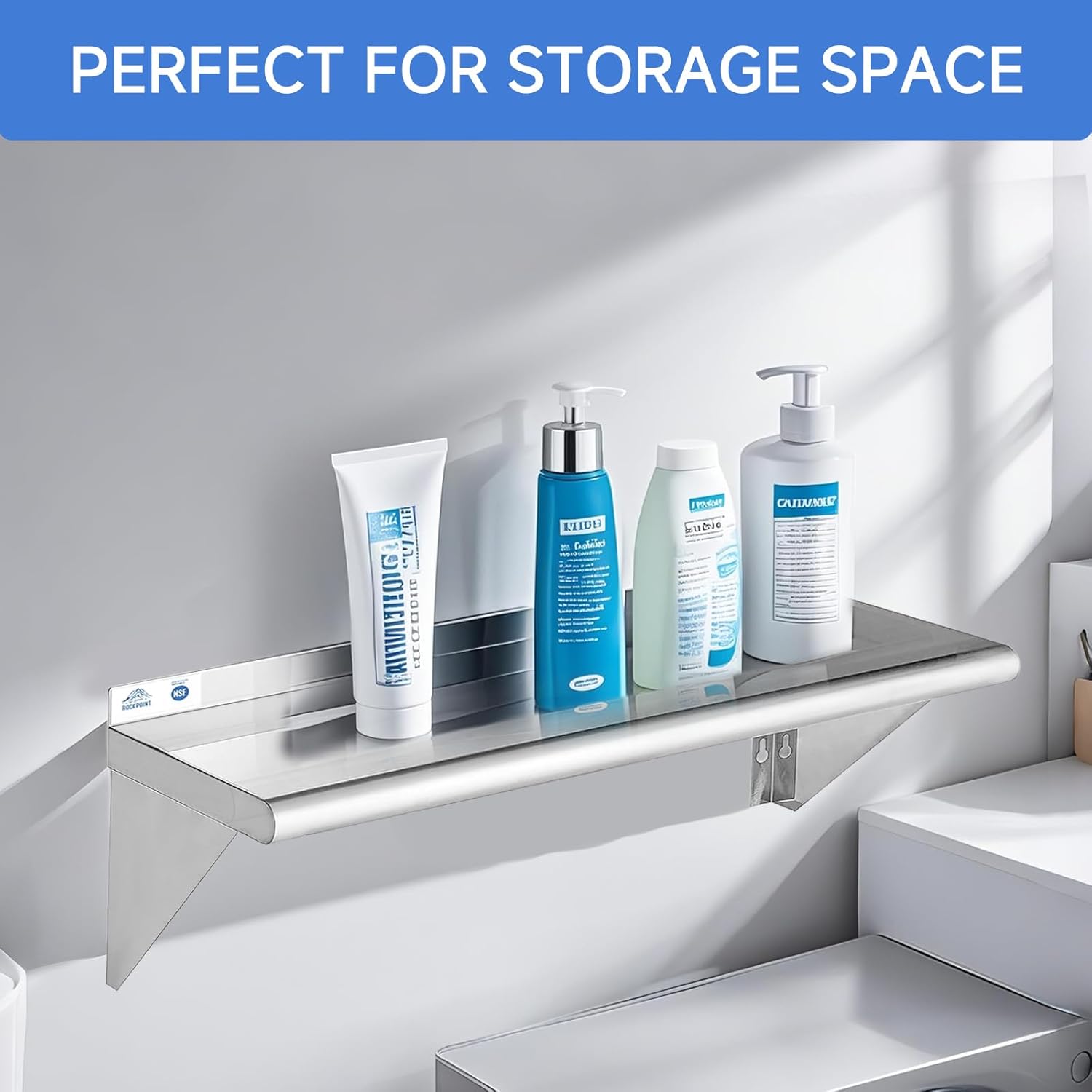 ROCKPOINT Stainless Steel Shelf 10 x 36 Inches 240lb, NSF Metal Commercial Shelves Wall Mount Floating Shelving with Backsplash for Restaurant, Kitchen, Home and Hotel, Silver