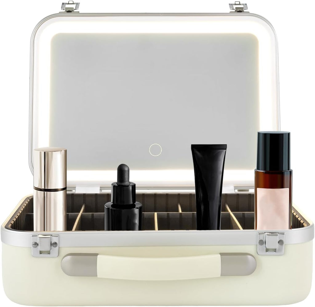White Rectangular Makeup Case with Mirror, Travel Makeup Bag with Adjustable LED Light in 3 Colors, Portable Train Suitcase for All Kinds of Cosmetics