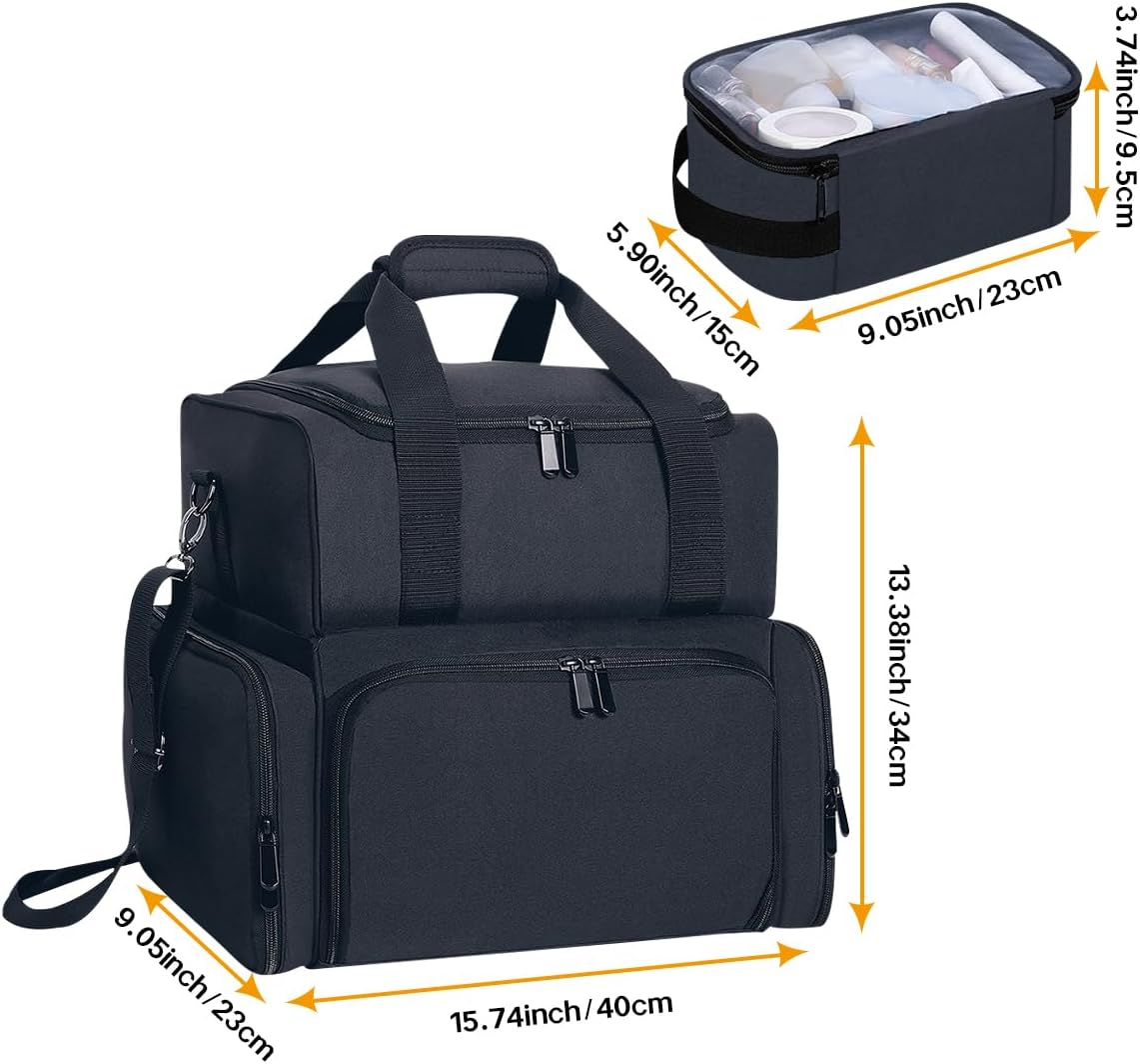 Large Cosmetic Bag with 4 Removable Case and 2 Removable Dividers Double Layer Travel Storage Organizer, Makeup Brushes Storage Section Black