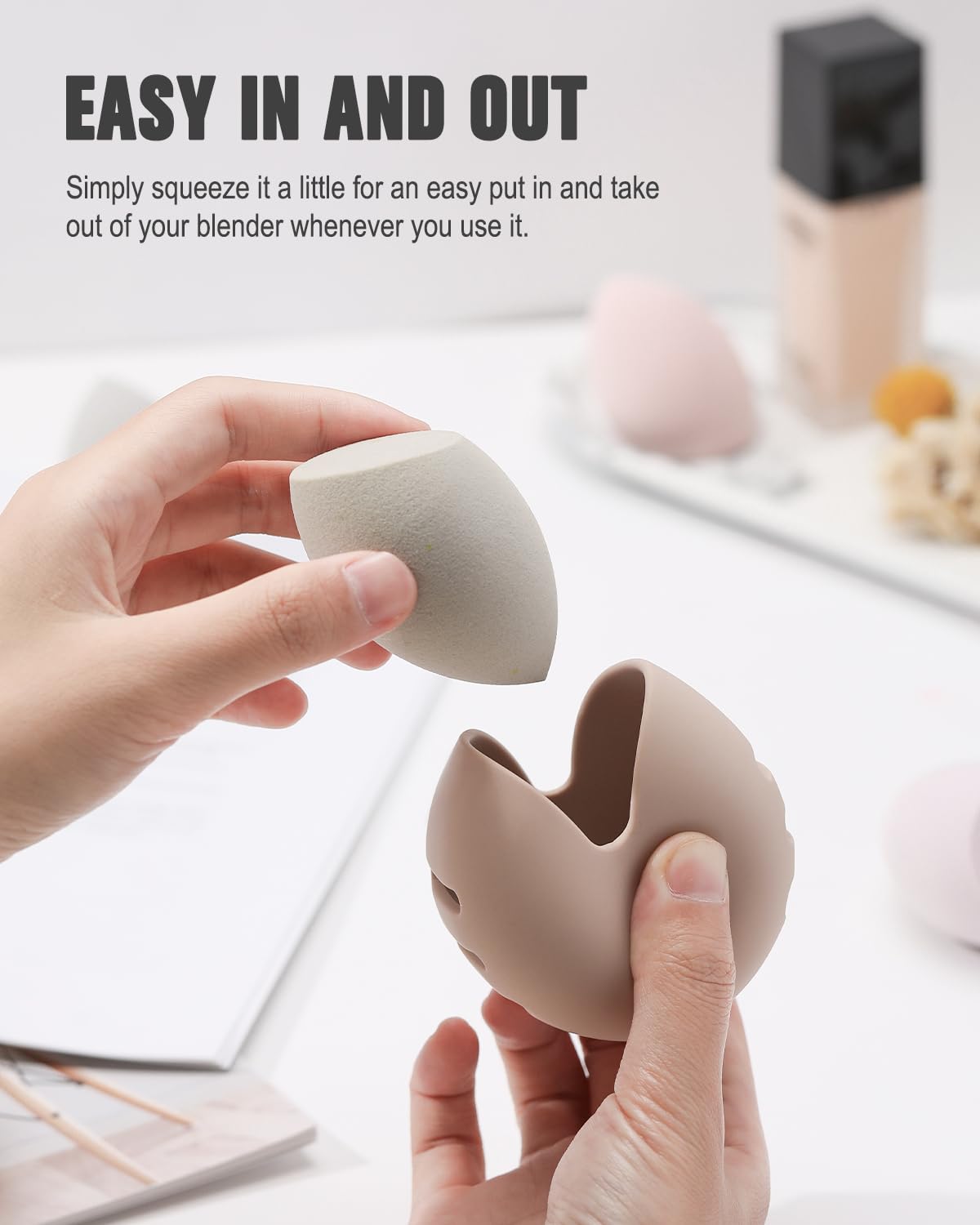 FERYES 2 PCS Makeup Sponge Holder – Shatterproof Eco-Friendly Silicone Beauty Make Up Blender Case for Travel - Khaki