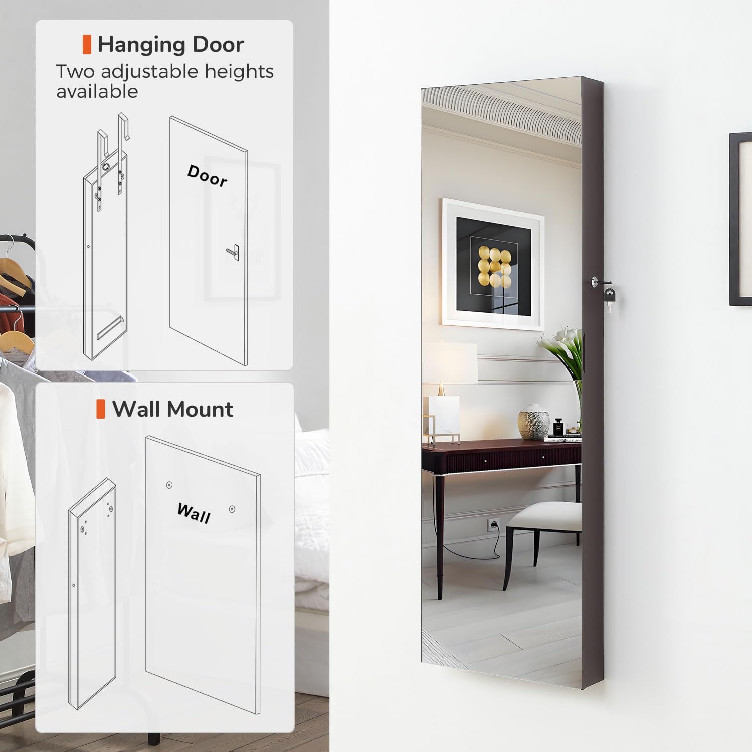 GISSAR Full Length Mirror Jewelry Cabinet, 6 LEDs Jewelry Armoire Wall Mounted Over The Door Hanging, Jewelry Organizer Storage with Lights Lockable, Brown, 14.6" x 47.2"