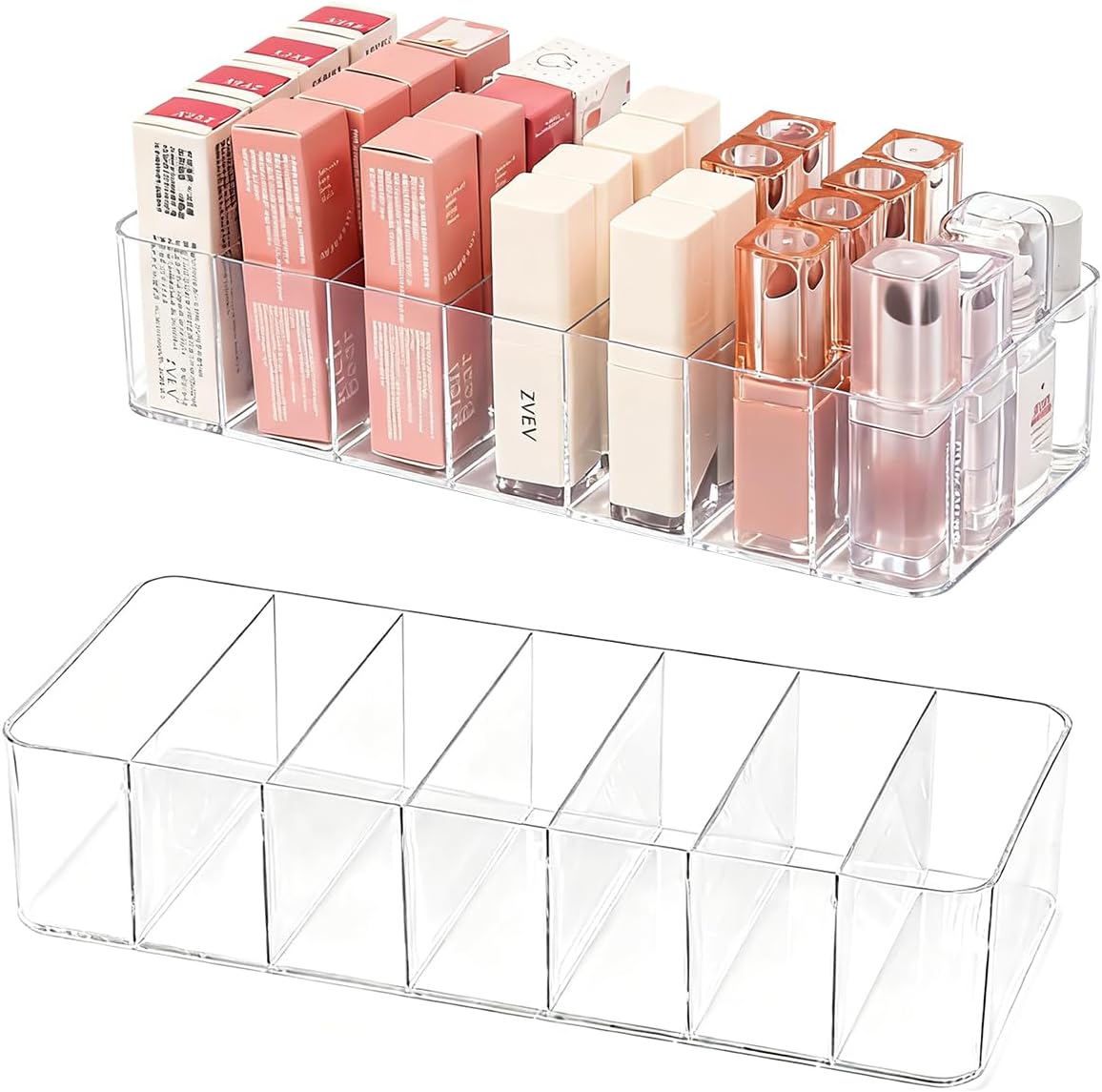 2 Pack Clear Acrylic Makeup Organizers, 7-Section Bathroom Organizer for Drawer, Cosmetic Display Cases, Blushes Highlighters Eyeshadow Powder Makeup Organizer Holder Storage