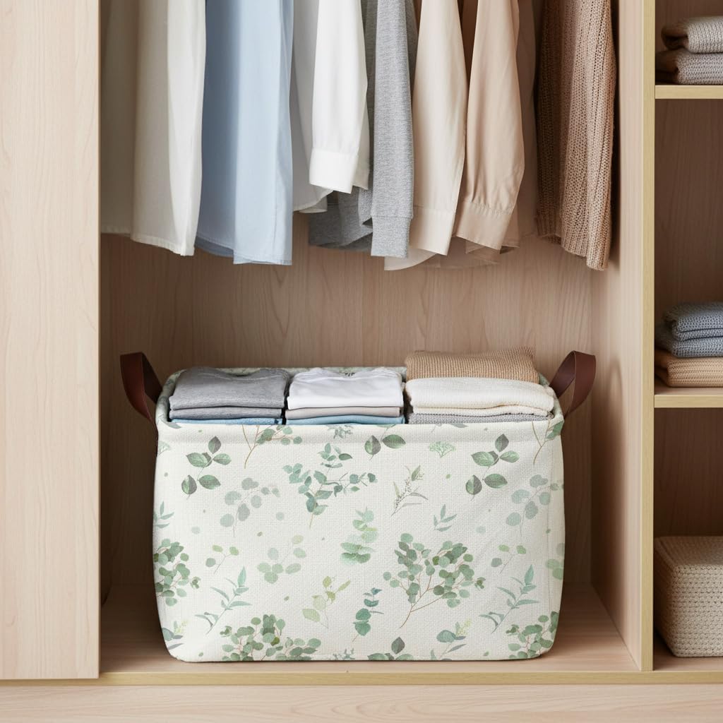 Sage Green Storage Basket Waterproof Canvas Toy Storage Bin Home Decor Collapsible Outdoor Basket with Leather Handles Sage Green Blanket Baskets For Closets,Bedrooms,Gifts Baskets