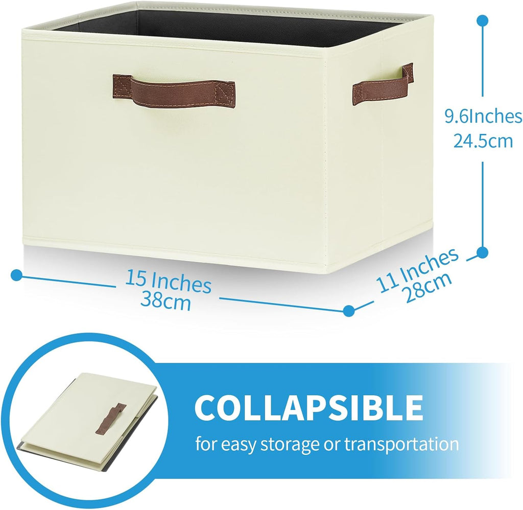 GhvyenntteS Large Fabric Storage Bins with 3 Handles, 15x11x9.6 Inch Storage Baskets for Shelves, Foldable Closet Storage Bins for Shelves, Closet Organizers and Storage Boxes, Beige
