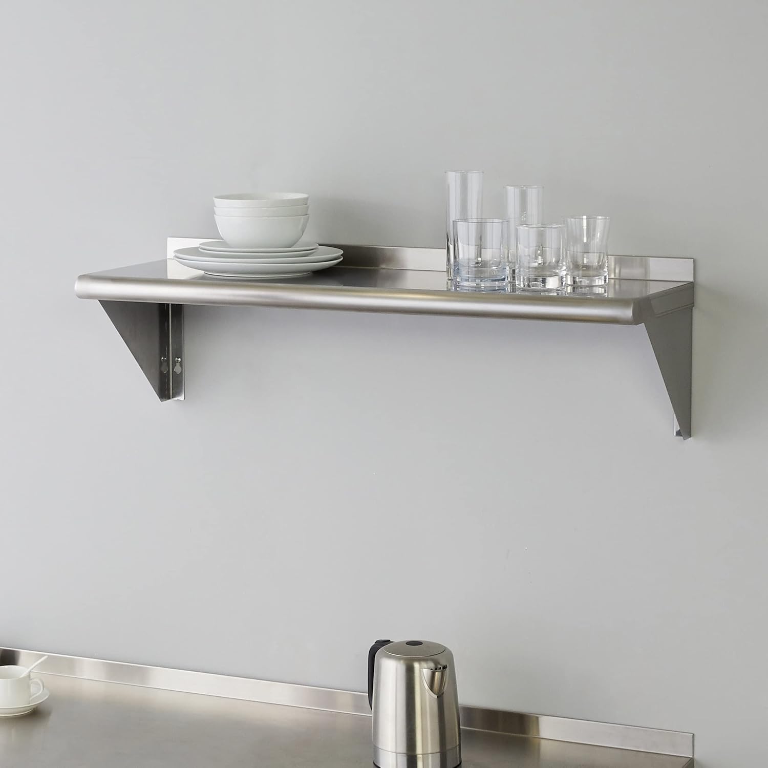 ROCKPOINT Stainless Steel Shelf 12 x 36 Inches 300lb, NSF Metal Commercial Shelves Wall Mount Floating Shelving with Backsplash for Restaurant, Kitchen, Home and Hotel, Silver