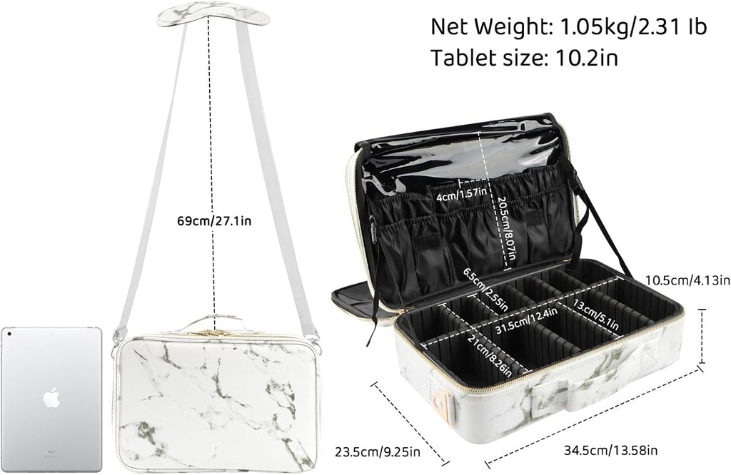 JOURMON Travel Makeup Train Case,Large Capacity Cosmetic Bags for Women,Portable Makeup Bag Organizer with Adjustable Dividers & Shoulder Strap(Marble White, Medium)