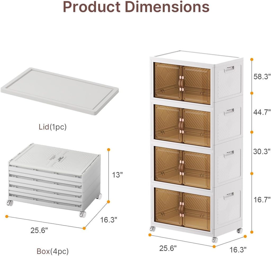 480Qt Stackable Storage Bins with Lids, 4 Pack Large Collapsible Bins with Wheels, Plastic Cabinet with Doors, Foldable Closet Organizers and Storage for Home, Dorm, Office, White