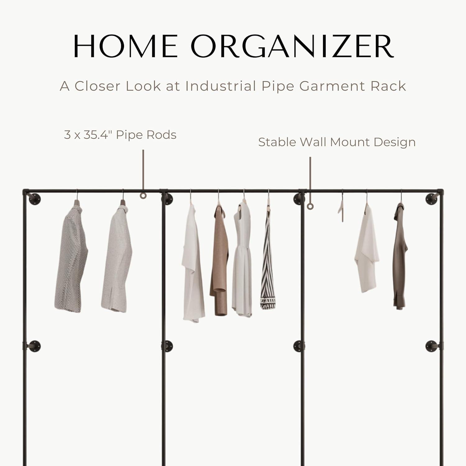 Industrial Pipe Clothing Rack, Heavy Duty Wall Mounted Clothes Rack, Retail Display Hanging Garment Rod for Laundry Rooms, Closet Storage 14.6x110x82.7 Inches, Model K07