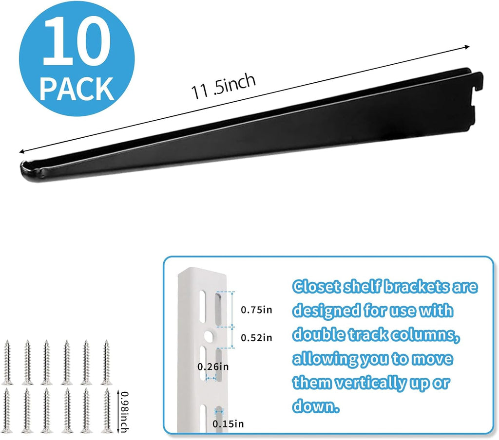 10 Pack 11.5‑Inch Adjustable Wire Shelf Brackets – Heavy‑Duty Double‑Track Closet & Wall Shelving System Supports（Black）