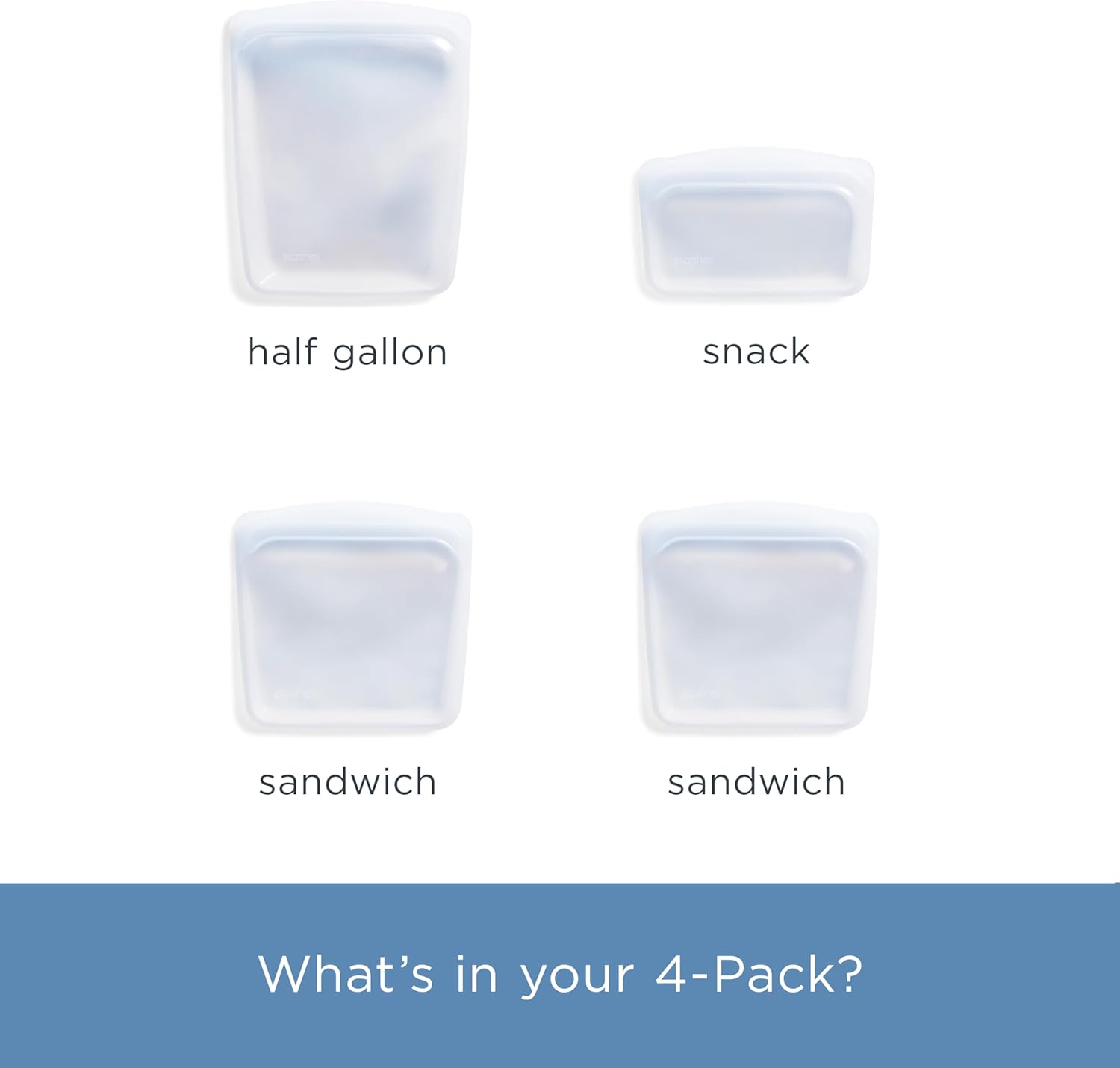 Stasher Premium Silicone Reusable Food Storage Bags, 4-Pack, Clear, Multi-Use Food Storage Bags, Lunch Bag, Travel Containers, BPA Free, Leak-free, Dishwasher-Safe, Eco-friendly