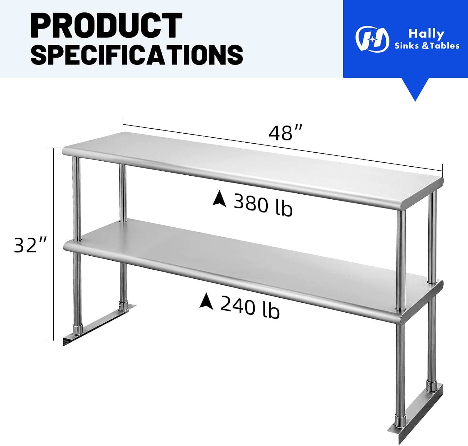 Hally Double Overshelf of Stainless Steel 12'' x 48'' Weight Capacity 380lb, Commercial 2 Tier Shelf for Prep & Work Table in Restaurant, Home and Kitchen