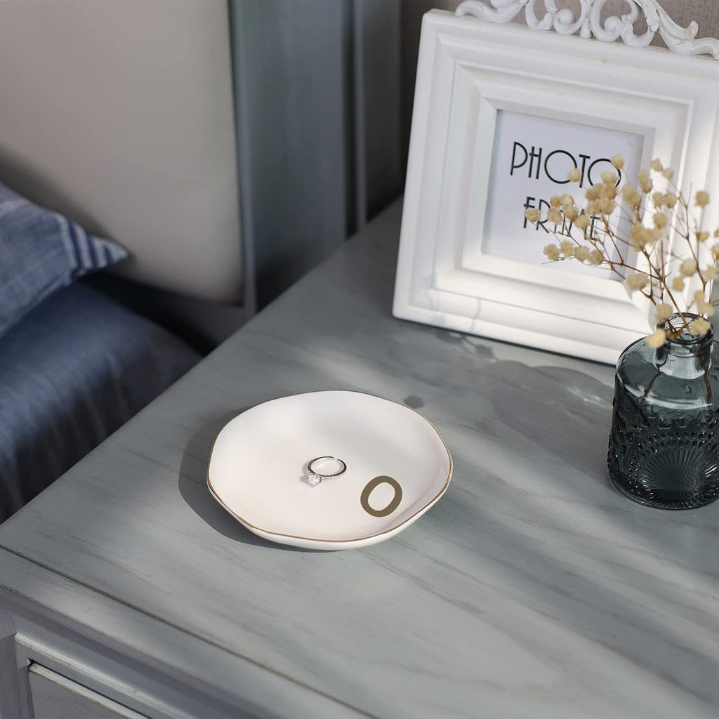 Initials Ring Dish Jewery Tray with Personalized O-Monogrammed Gifts Wedding Engagement for Women Friends Sister,Ceramic White