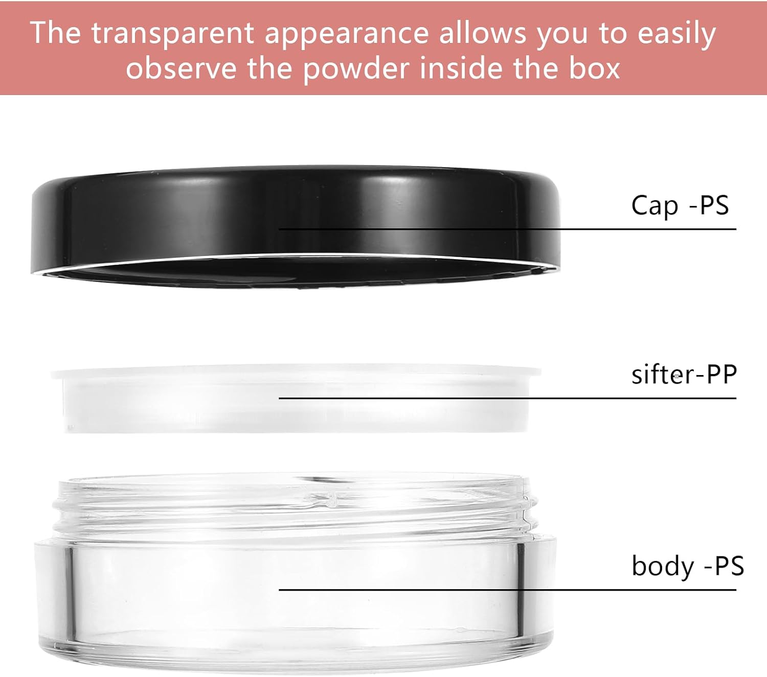 4pcs 10ml/0.34oz Plastic Empty Travel Small Loose Powder Compact Refillable Loose Powder Containers Reusable No Leak Compact with Rotatable Sifter And Black Screw Lid