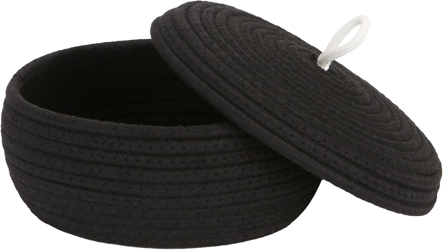 Sea Team Round Cotton Rope Storage Basket with Lid, Decorative Woven Storage Bin, Pot, Caddy, Organizer, Container for Snacks, Towels, Plants, 10 x 4.5 Inches (Small, Shallow, Black)