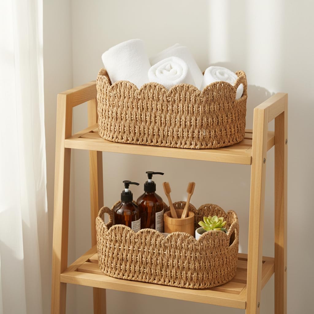 Paper Rope Scalloped Basket Set of 2,Woven Storage Baskets for Shelves,Laundry,Towels,Clothes,Books,Toys,Cute Decor Baskets for Organizing,Natural Color