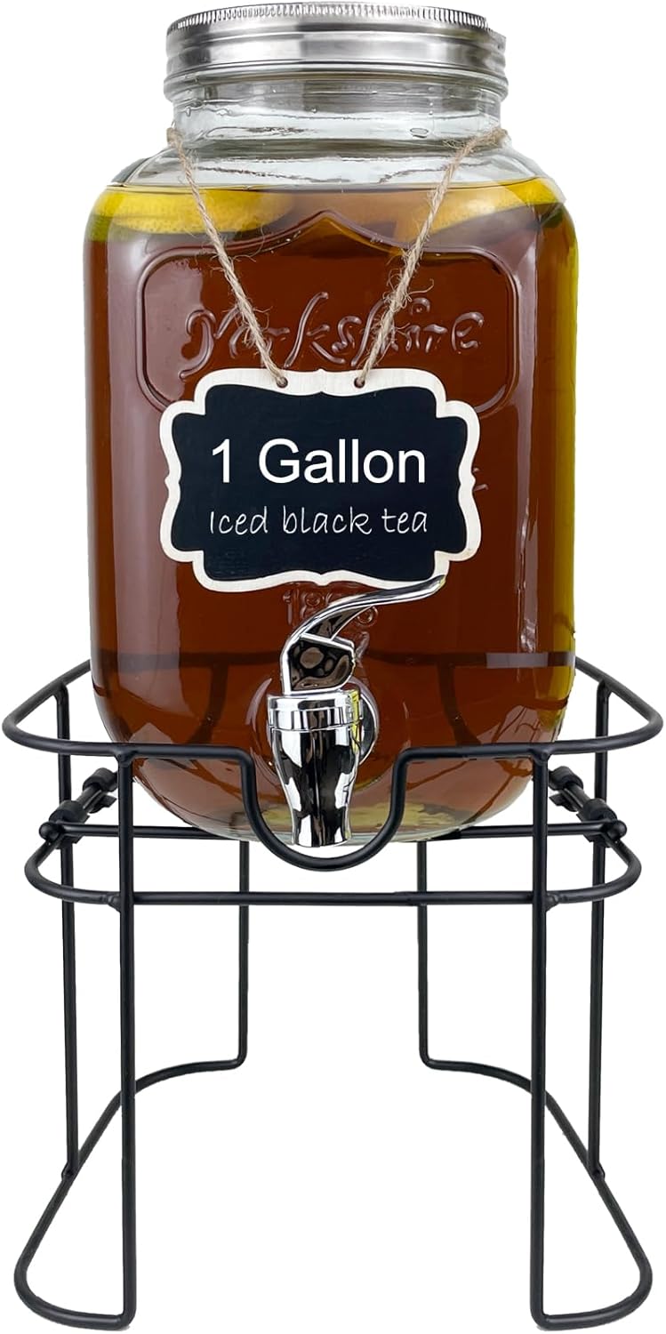 1 Gallon Glass Drink Dispenser for Parties, 1PCS Juice Lemonade Ice Tea Water Dispenser with Stand, HENABLE Beverage Dispensers with Spigot for BBQ, Picnic, Party