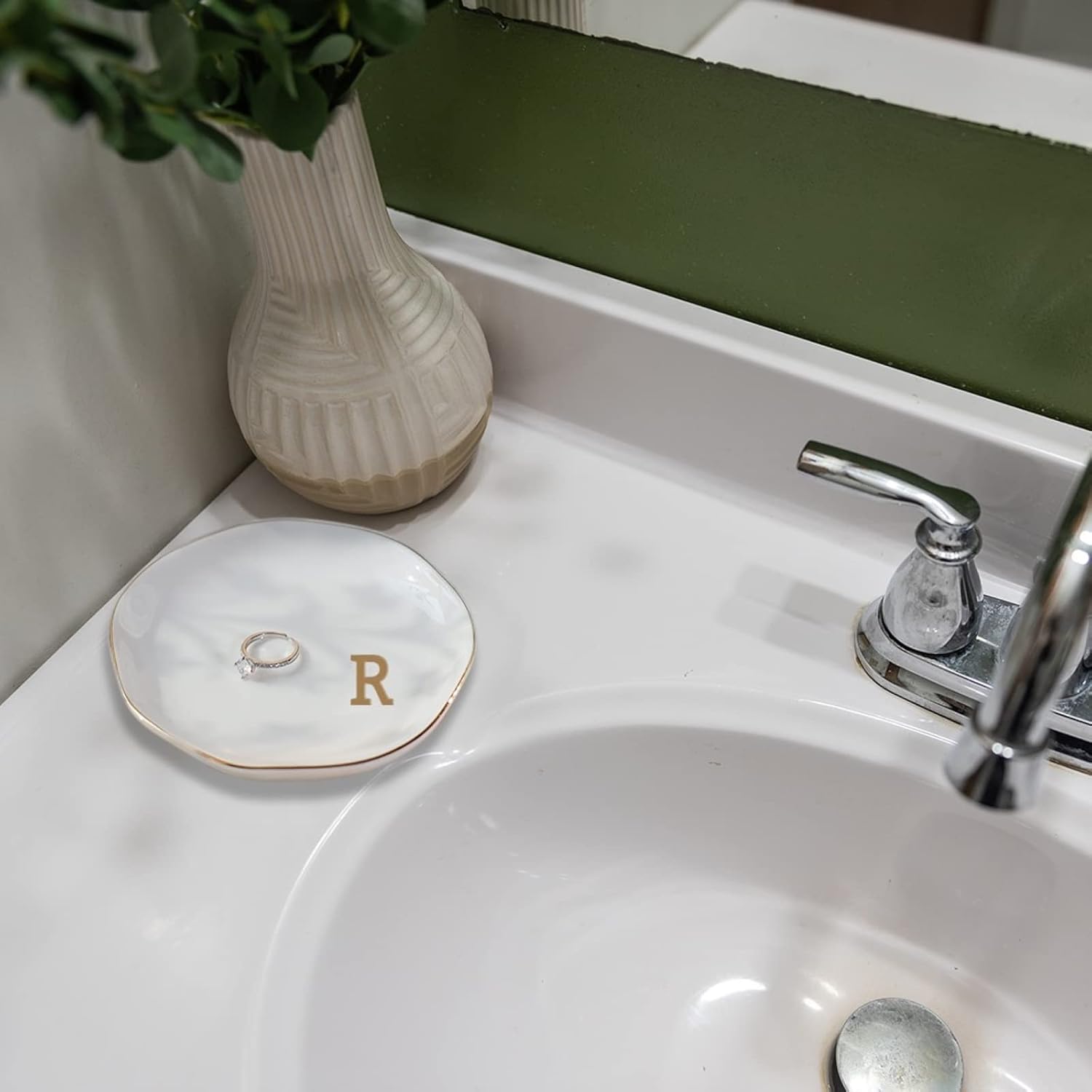Initials Ring Dish Jewery Tray with Personalized R-Monogrammed Gifts Wedding Engagement for Women Friends Sister,Ceramic White