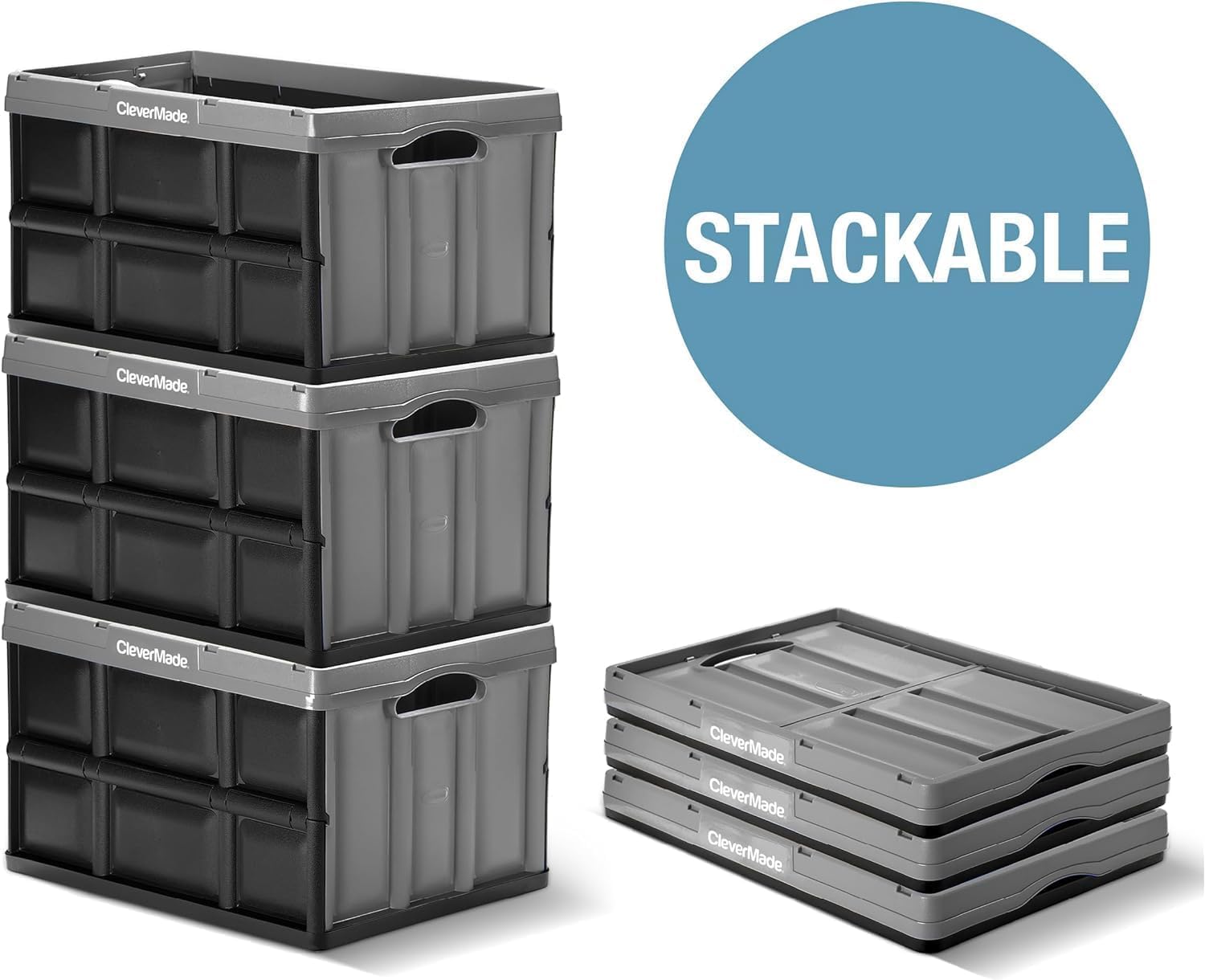 CleverMade Collapsible Storage Bins - Ocean 3 Pack 32L / 8 Gal holds 66 lbs - Stackable Containers Heavy Duty Capacity Folding Crates Space-Saving