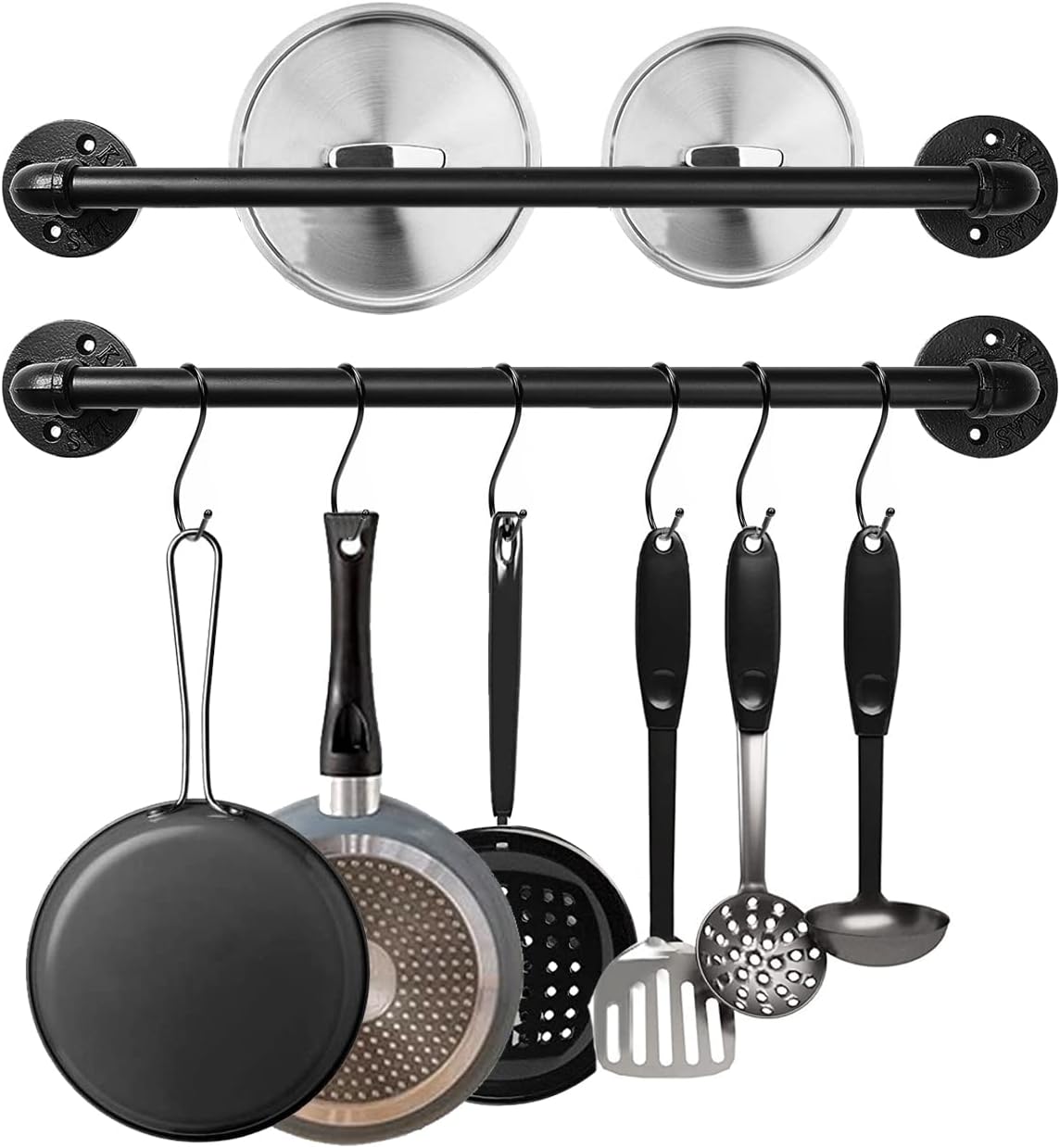 Industrial Pipe Pot Pan Rack 21" (2 Pack), Wall mount Pot hangers Pan Hanging Rail Lid Hanger for kitchen with 10 S Hooks