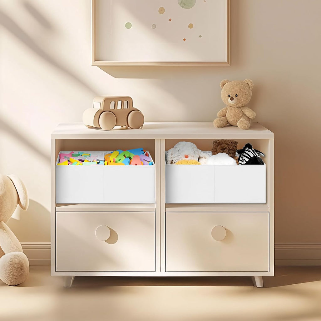 DIMJ Large Closet Shelf Organizer Bins 6 Packs with Handles and Divider, Fabric Trapezoid Storage Baskets, Foldable Clothes Containers Box for Shelf, Towel, Book, Toy, Purse, Hats, ,White