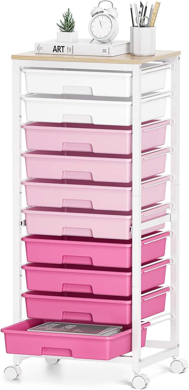 Rolling Cart with Drawers,10 Drawer Rolling Cart,Storage Cart,Utility Cart,Teacher Cart for Classroom Storage,Craft Cart with Wheels and Wooden Tabletop,Pink