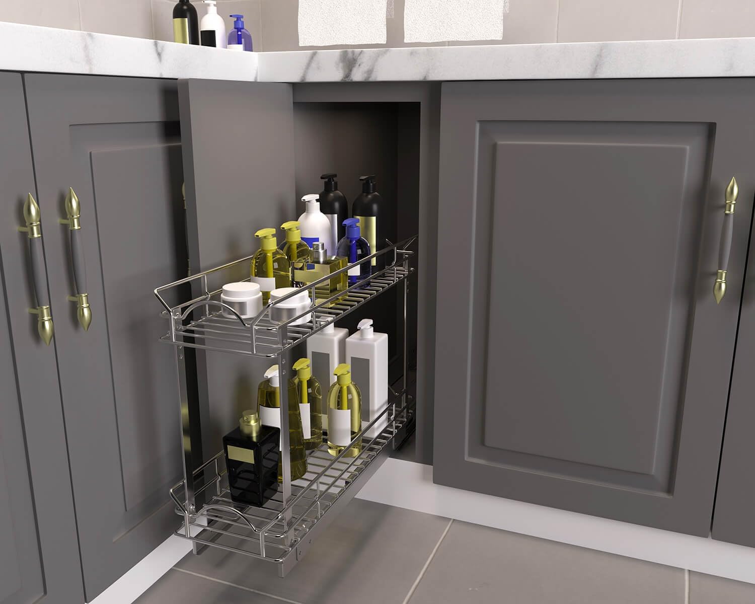 OCG Slide Out Cabinet Organizer for Narrow Cabinet (7" W X 21" D), 2 Tier Pull Out Shelves Slim Sliding Cabinet Organizer and Storage, Chrome