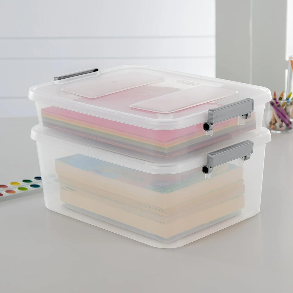 (3 Pack) 12.7 Quart Clear Plastic Modular Storage Containers with Write-On Label Latches - Gray Stackable Organizer Boxes for Home, Office, Closet, Garage & Pantry Organization