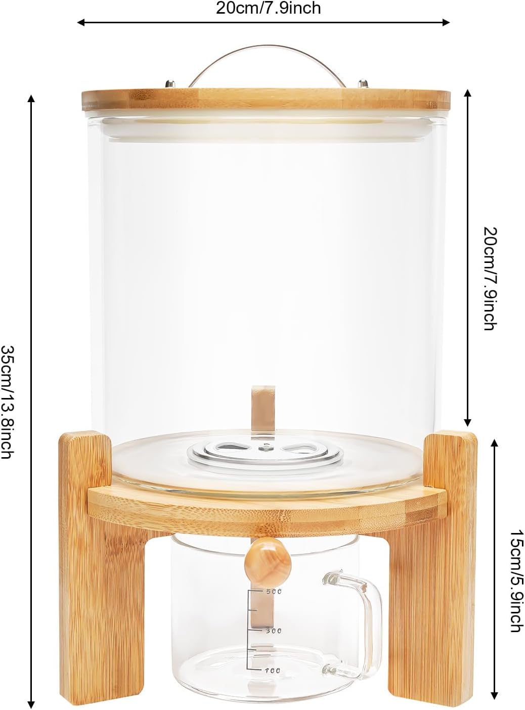 1.32gal Glass Rice Dispenser with Wooden Stand Flour and Cereal Container with Glass Measuring Cup Pantry Food Organization Storage Bin with Airtight Bamboo Lid for Coffee Beans Dry Food