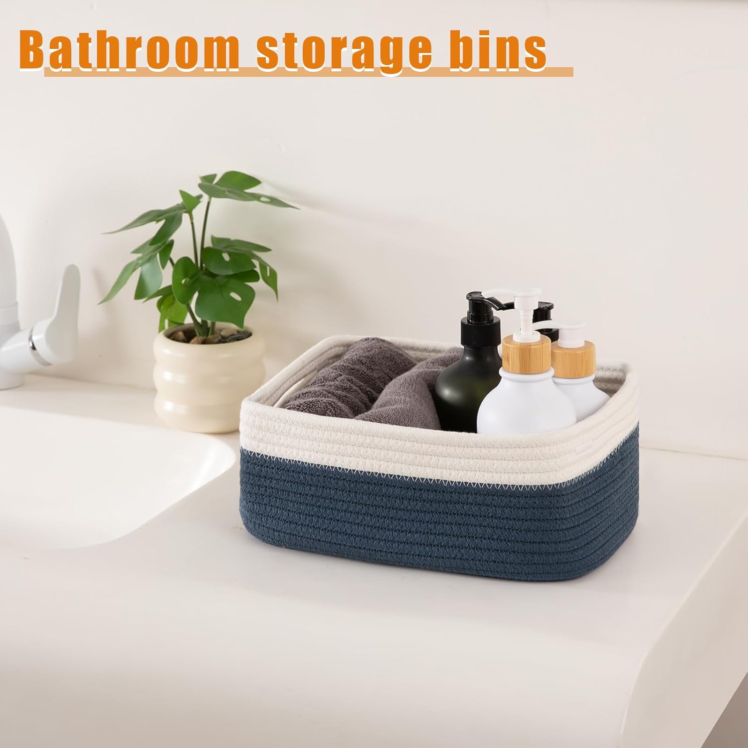 OIAHOMY 4 Pack Storage Baskets for Organizing, Small Bins for Shelves, Cute Decorative Storage Bins, Organizer Baskets for Gifts Empty, 11.8''Lx7.8''Wx4.7''H, Blue/White