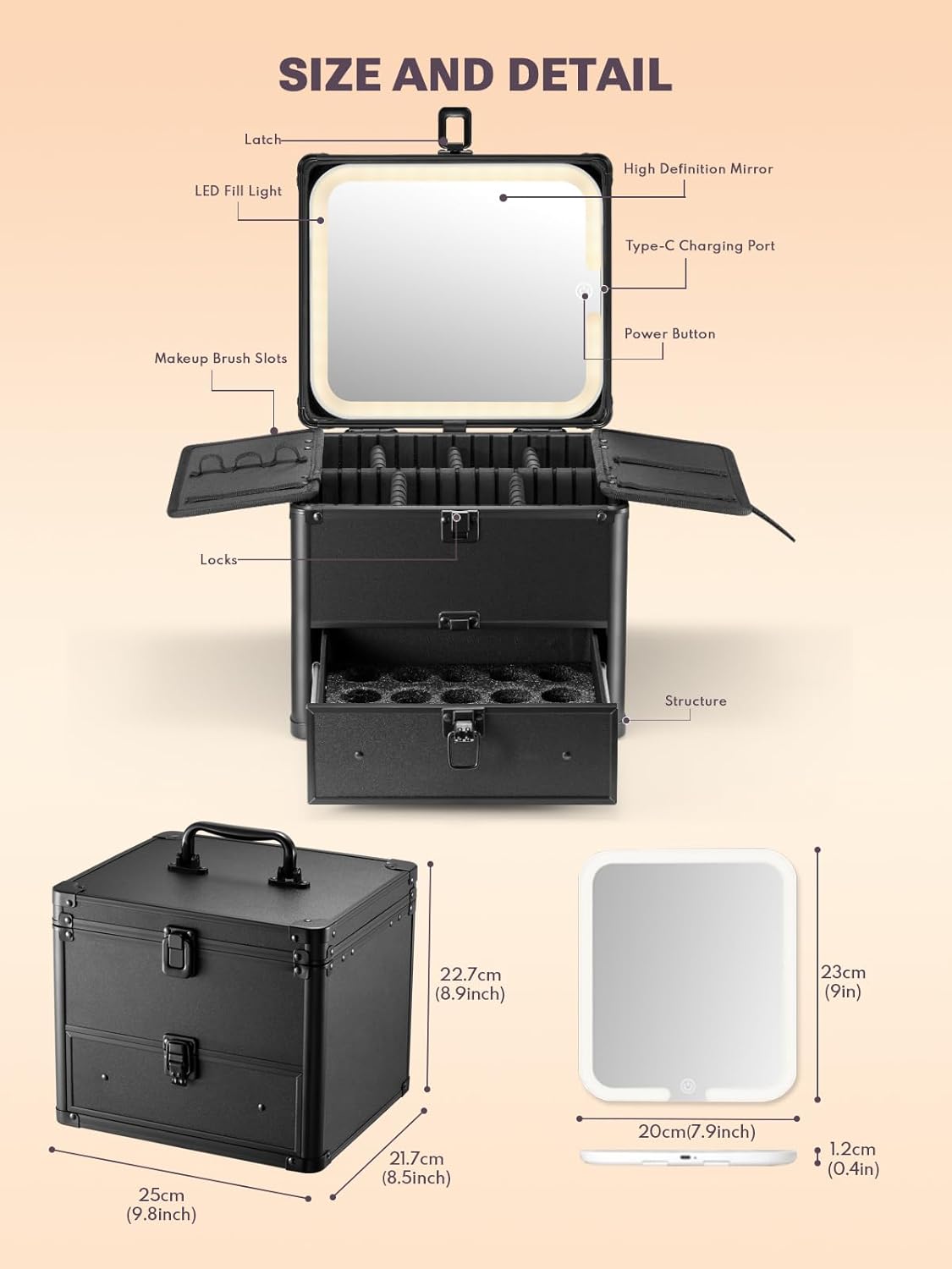 Qislee Makeup Box with Drawer and A Detachable Lighted Mirror, Waterproof Travel Train Case, Cosmetic Organizer and Makeup Suitcase with Adjustable Dividers, Magnetic LED Mirror (Black)