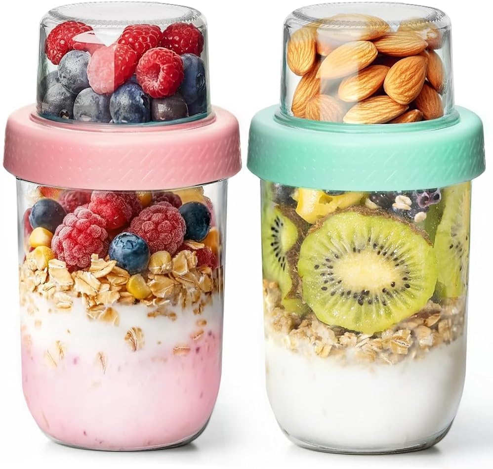ComSaf Overnight Oats Containers with Lids (16oz+4oz, 2Pcs), Dual-Laryer Chia Pudding Jars with Dry and Wet Separation, Yogurt Parfait Cups for Oatmeal Cereal Nut Fruit, Meal Prep Glass Jars for Salad