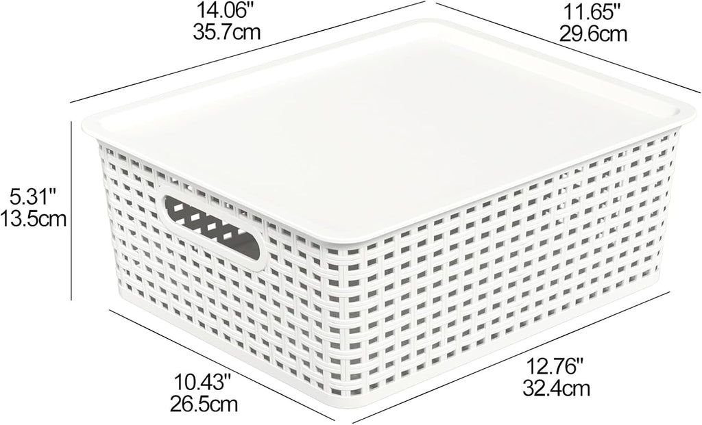 Hespama 6-Pack Plastic Weave Storage Basket with Lid, Stackable Organizer Basket, White