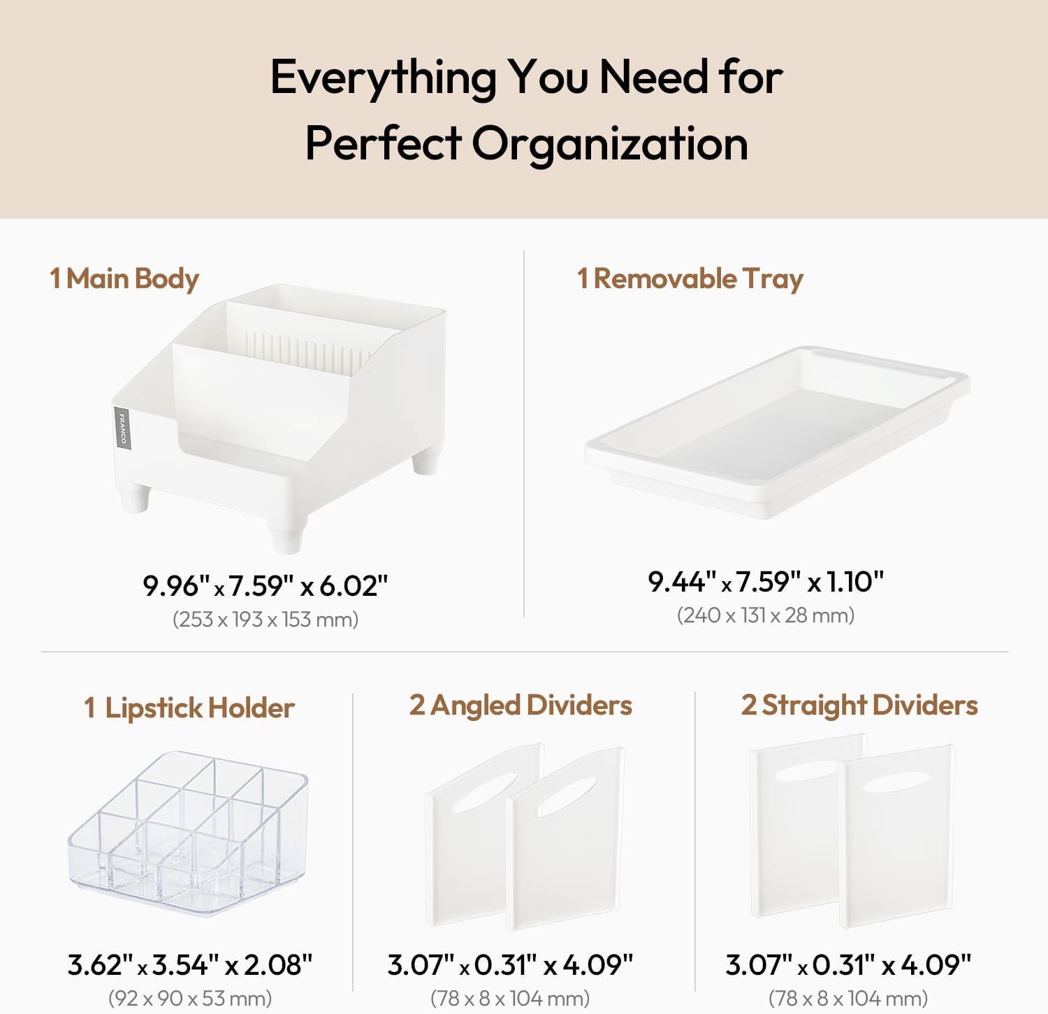 carrotez Make up Vanity Organizer Countertop Skincare Cosmetic, Accessories Organizers Customizable Compartments - White