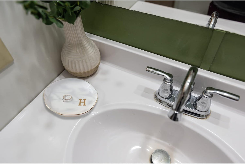 Initials Ring Dish Jewery Tray with Personalized H-Monogrammed Gifts Wedding Engagement for Women Friends sister,Ceramic White