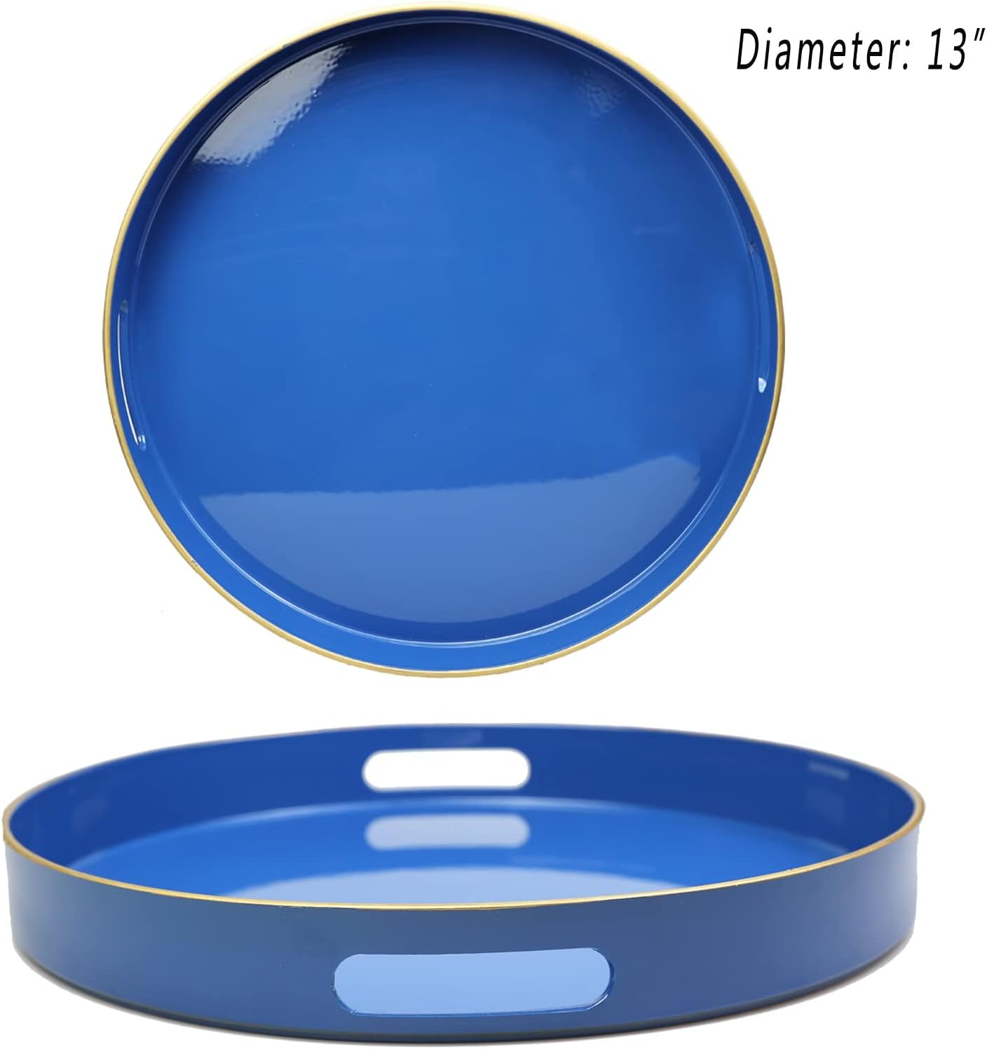 Spsyrine Round Blue Decorative Tray, 13" Plastic Serving Table Tray with Handles for Breakfast, Ottoman, Coffee Table, Bathroom, Kitchen, Living Room