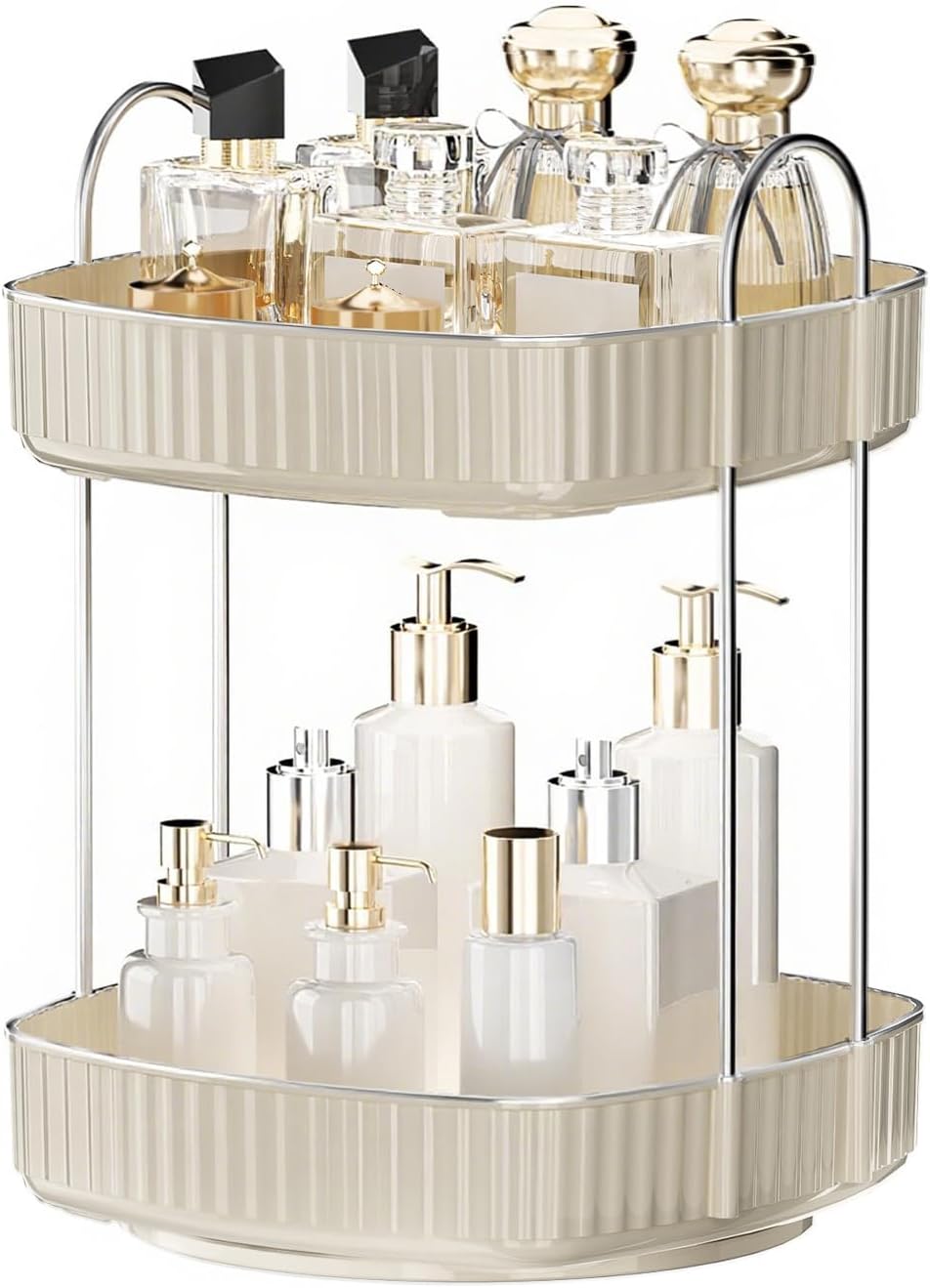 YCIA&DONE 360 Rotating Makeup Organizer for Vanity, 2 Tiers New Square Shaped Cosmetics Skincare Bathroom Organizers Countertop, Perfume Stand Counter Tray, Warm White