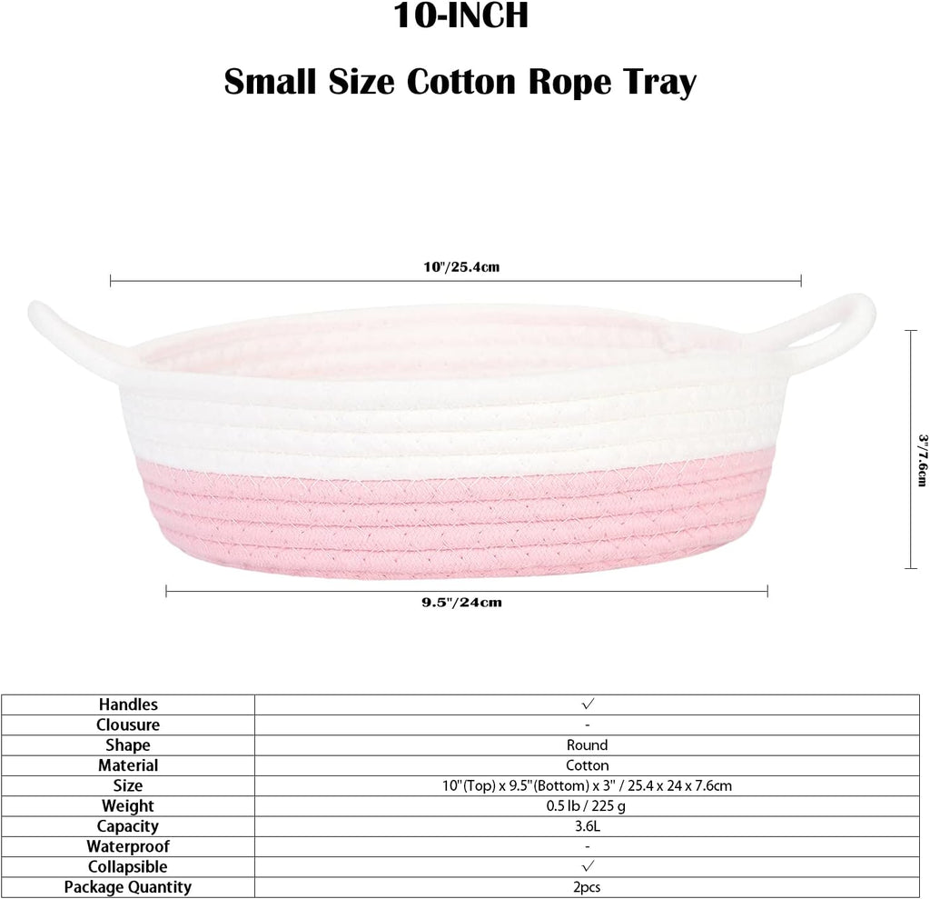 Sea Team 2-Pack Cotton Rope Baskets, 10 x 3 Inches Small Woven Storage Basket, Fabric Tray, Bowl, Round Open Dish for Fruits, Jewelry, Keys, Sewing Kits (Pink & White)