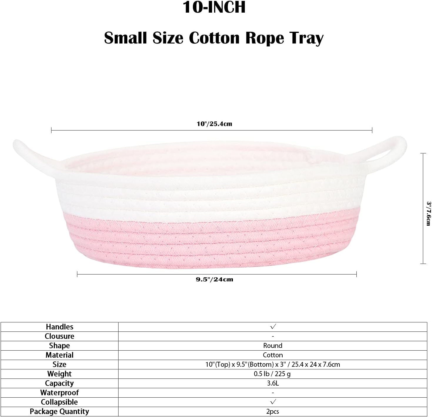 Sea Team 2-Pack Cotton Rope Baskets, 10 x 3 Inches Small Woven Storage Basket, Fabric Tray, Bowl, Round Open Dish for Fruits, Jewelry, Keys, Sewing Kits (Pink & White)