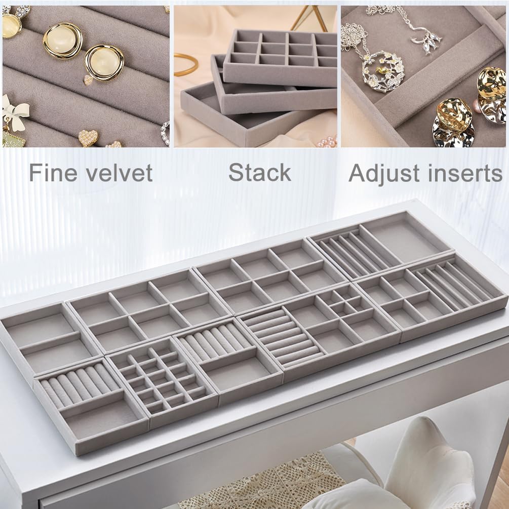 10 Pack Jewelry Organizer Tray Drawer Inserts Stackable Velvet Liner Dividers Customizable Jewellery Box Foam Ring Earring Holder Necklace Bracelet Storage Display Dish Flat in Dresser Vanity