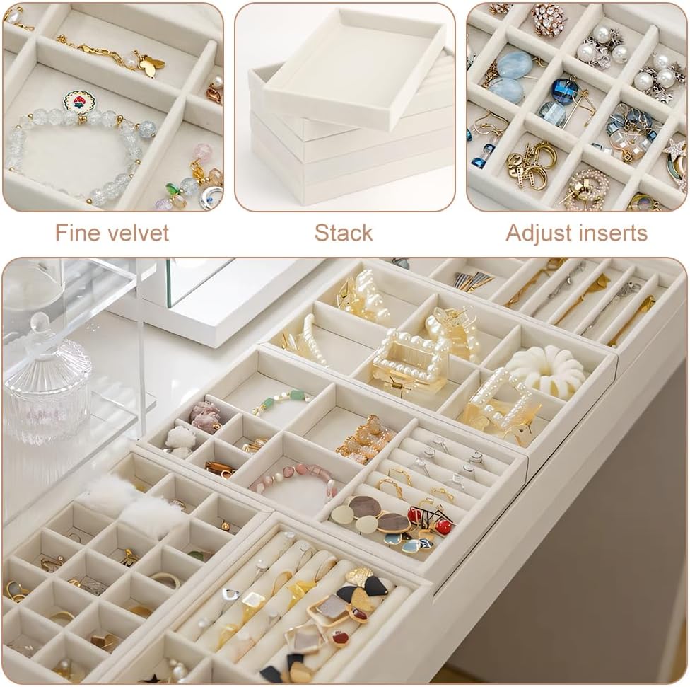 10 Pack Jewelry Organizer Tray Drawer Inserts Stackable Velvet Liner Dividers Customizable Jewellery Box Foam Ring Earring Holder Necklace Bracelet Storage Display Dish Flat in Dresser Vanity